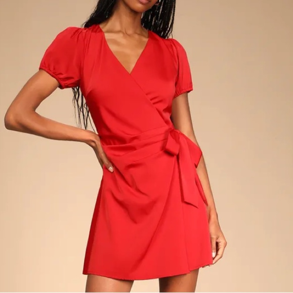 Lulus Latest Love Red Satin Puff Sleeve Wrap Mini Dress- XS